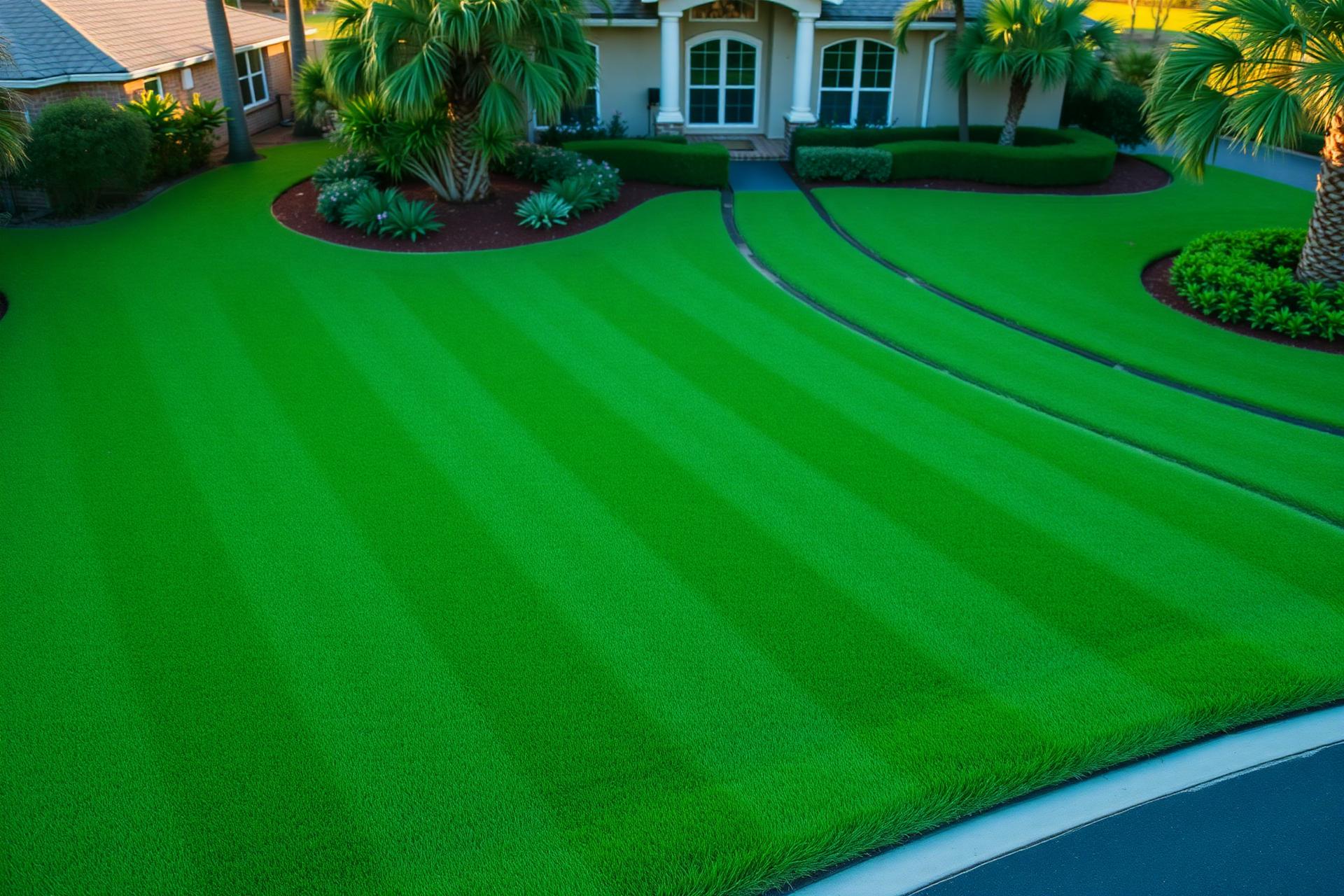 Freshly manicured striped lawn in front of a Florida home